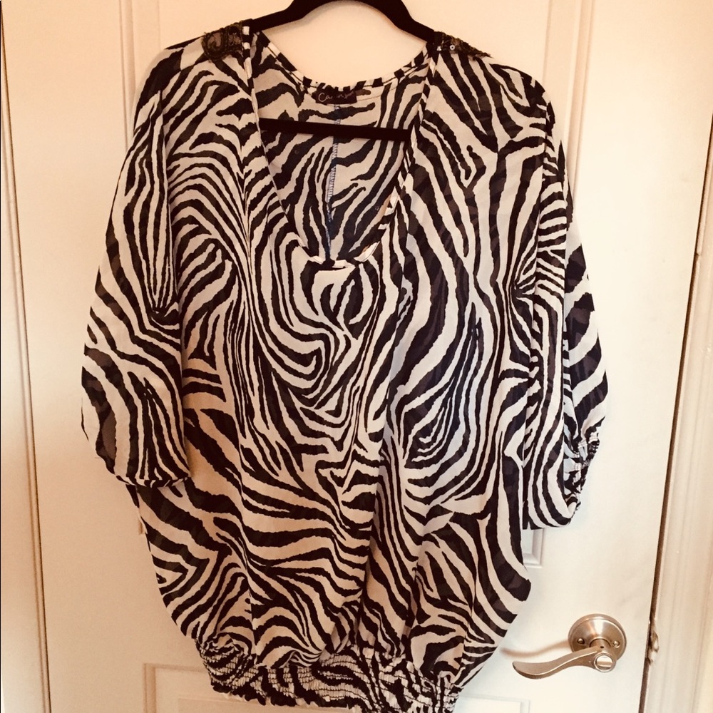 Blue and white sheer top with sequence in the back